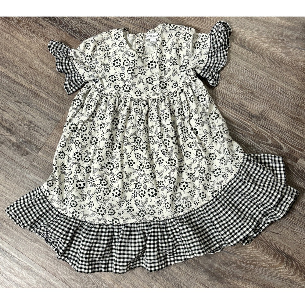 Harper Canyon Girls Floral Gingham Ruffle Dress Size 6 Black White Cotton Blend